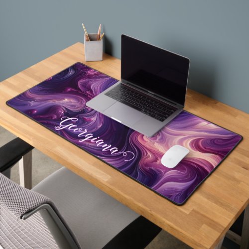 Custom Name Vibrant Purple Poured Paint Effect Desk Mat