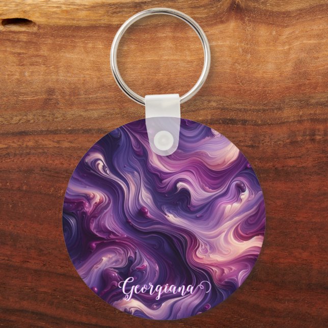 Custom Name Vibrant Purple Poured Paint Effect Keychain (Front)