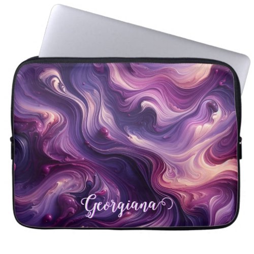 Custom Name Vibrant Purple Poured Paint Effect Laptop Sleeve
