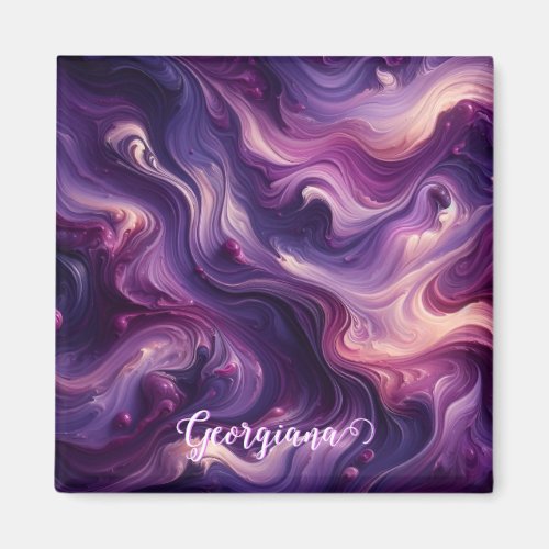 Custom Name Vibrant Purple Poured Paint Effect Magnet