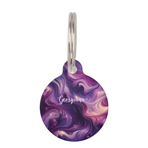 Custom Name Vibrant Purple Poured Paint Effect Pet ID Tag