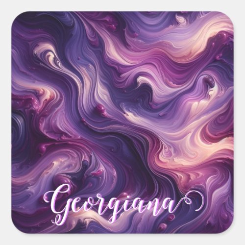Custom Name Vibrant Purple Poured Paint Effect Square Sticker