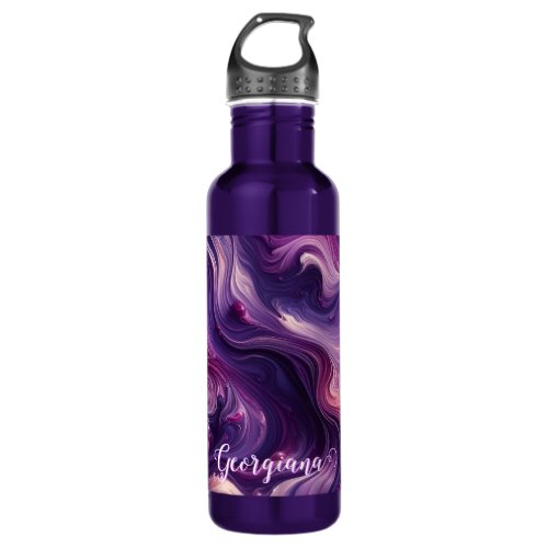 Custom Name Vibrant Purple Poured Paint Effect Stainless Steel Water Bottle