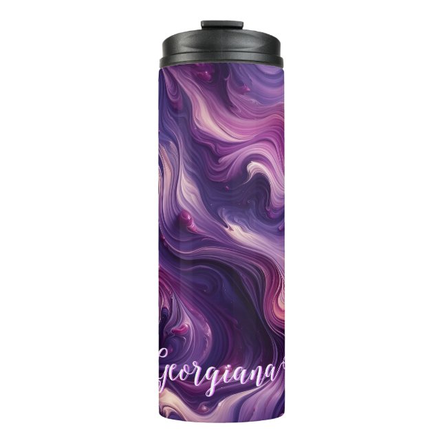 Custom Name Vibrant Purple Poured Paint Effect Thermal Tumbler (Front)