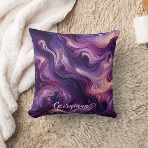 Custom Name Vibrant Purple Poured Paint Effect Throw Pillow
