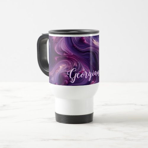 Custom Name Vibrant Purple Poured Paint Effect Travel Mug