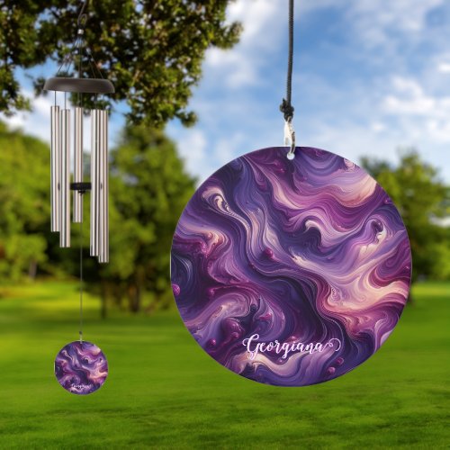 Custom Name Vibrant Purple Poured Paint Effect Wind Chime