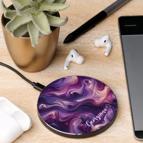 Custom Name Vibrant Purple Poured Paint Effect Wireless Charger