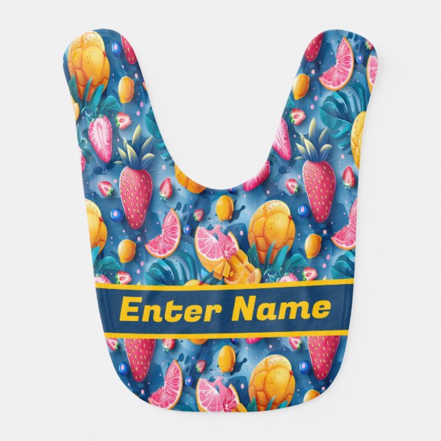 Custom Name Vibrant Tropical Fruit Baby Bib (Front)