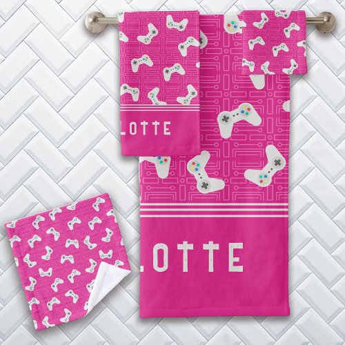 Custom Name Video Controller Pattern Pink  Bath Towel Set