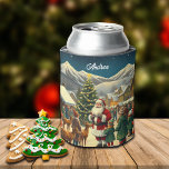 Custom Name Vintage Christmas Illustration Can Cooler
