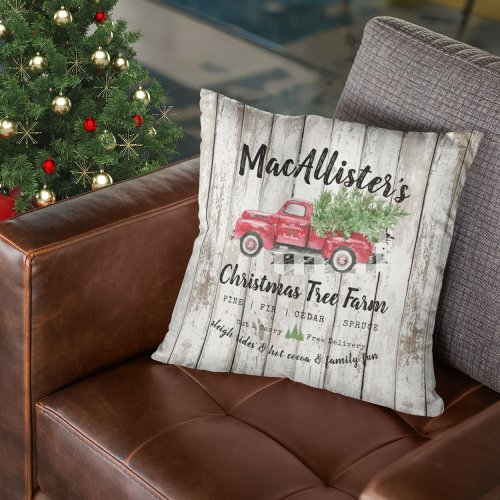 Custom Name Vintage Christmas Tree Farm Truck Throw Pillow