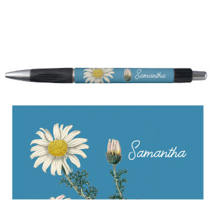 Custom Name Vintage Daisy Dusty Blue Script Text Pen