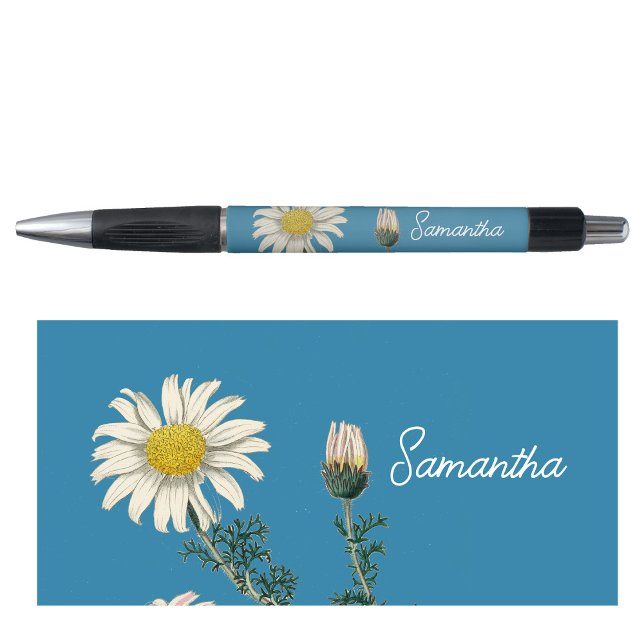 Custom Name Vintage Daisy Dusty Blue Script Text Pen (Creator Uploaded)