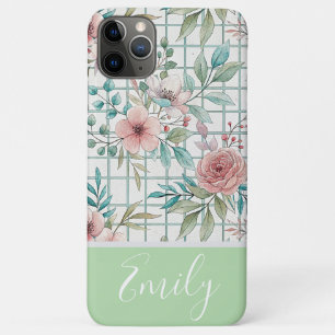 Custom Name Vintage Floral Grid iPhone 11 Pro Max Case