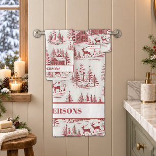 Custom Name Vintage Illustration Reindeer Winter Bath Towel Set