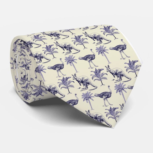 Custom Name Vintage Kangaroo & Ostrich Toile Neck Tie (Rolled)