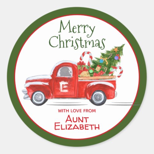 Custom Name Vintage Red Truck Christmas Holiday Cl Classic Round Sticker