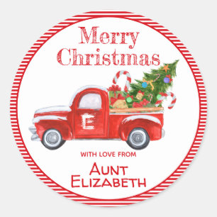 Custom Name Vintage Red Truck Christmas Holiday Classic Round Sticker