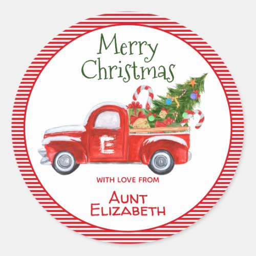 Custom Name Vintage Red Truck Christmas Holiday Classic Round Sticker