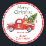 Custom Name Vintage Red Truck Christmas Holiday Classic Round Sticker<br><div class="desc">This festive Christmas sticker is perfect for gifts from Santa! Sticker features your monogram initial on a rustic red truck and your name as the deliverer, and "Merry Christmas" in vintage typography on a red and white candy stripe background. Sticker can be easily personalized with your name and monogram Design...</div>