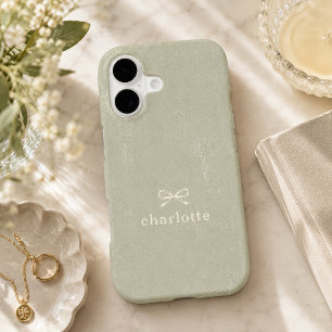 Custom Name Vintage Sage Green Heirloom Bow iPhone 17 Case