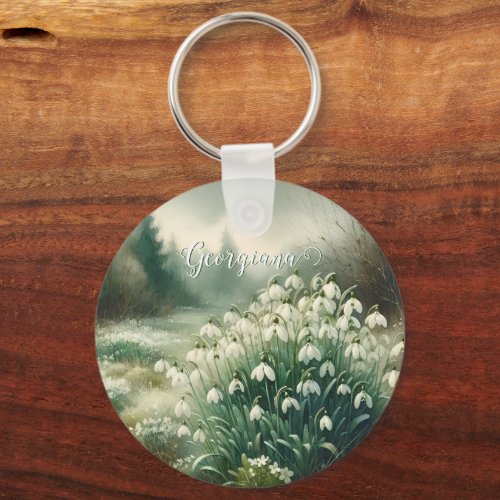 Custom Name Vintage Watercolor Floral Snowdrops Keychain