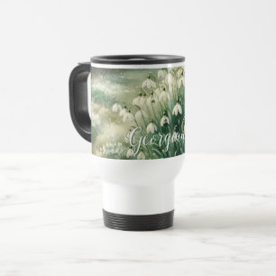 Custom Name Vintage Watercolor Floral Snowdrops Travel Mug