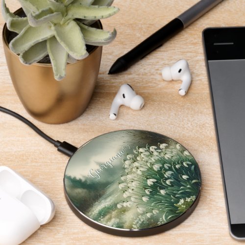 Custom Name Vintage Watercolor Floral Snowdrops Wireless Charger