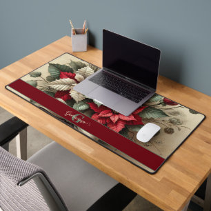 Custom Name Vintage Watercolor Poinsettia Bouquet Desk Mat