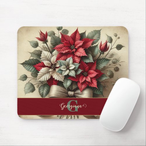 Custom Name Vintage Watercolor Poinsettia Bouquet Mouse Pad