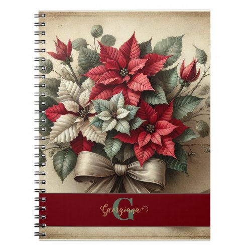 Custom Name Vintage Watercolor Poinsettia Bouquet Notebook