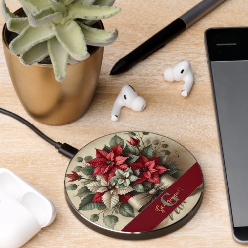 Custom Name Vintage Watercolor Poinsettia Bouquet Wireless Charger