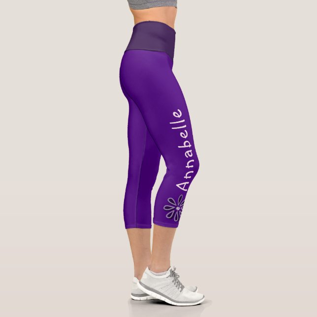 Custom Name - Violet Flower Doodle - Solid Indigo Capri Leggings (Right)