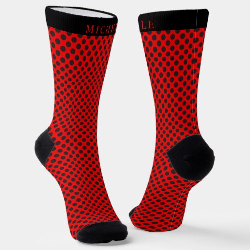 Custom Name Vivid Cherry Red Black Polka Dot Socks