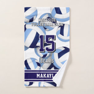 Custom name volleyball blue white team colors bath towel set