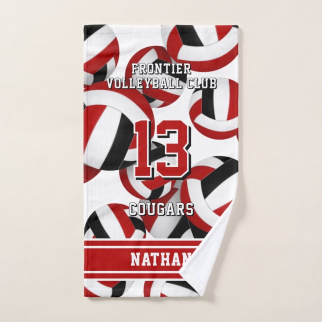 Custom name volleyball red black team colors hand towel  (Hand Towel)