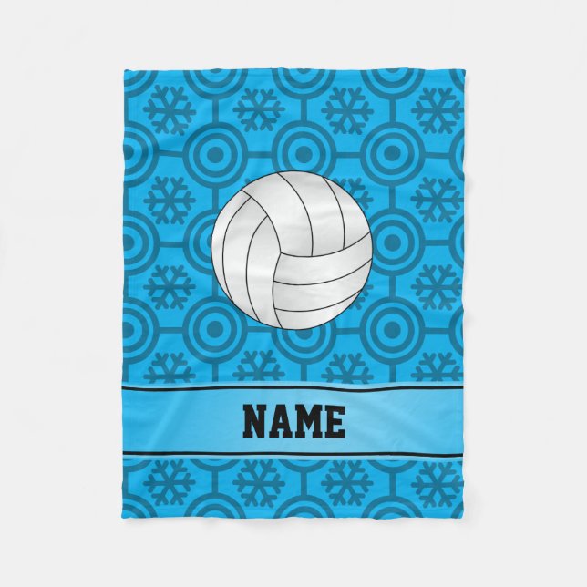Custom name volleyball sky blue retro snowflakes fleece blanket (Front)