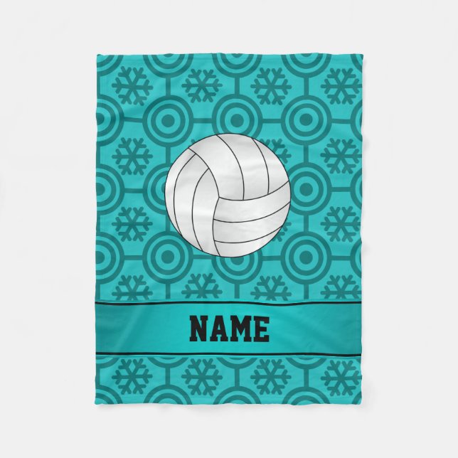 Custom name volleyball turquoise retro snowflakes fleece blanket (Front)