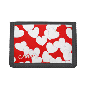 Custom Name Wallet for Girls, White Hearts on Red
