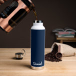 Custom Name Water Bottle<br><div class="desc">This insulated water bottle is shown in white with a navy blue accent color and a custom name sample.
Customize this item and change the sample name to yours.</div>