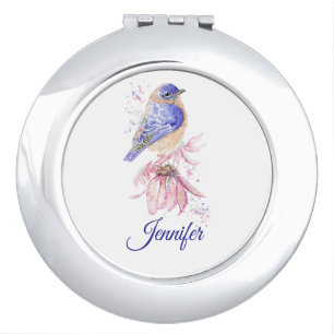 Custom Name Watercolor Bluebird Garden Bird Art Compact Mirror