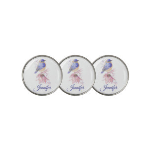 Custom Name Watercolor Bluebird Garden Bird Art Golf Ball Marker