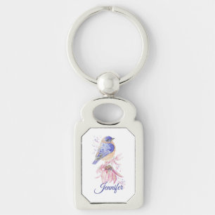 Custom Name Watercolor Bluebird Garden Bird Art Keychain