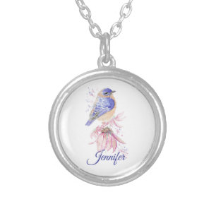 Custom Name Watercolor Bluebird Garden Bird Art Silver Plated Necklace