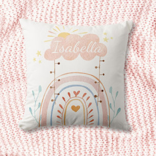 Custom Name Watercolor Boho Rainbow Kids Nursery Throw Pillow