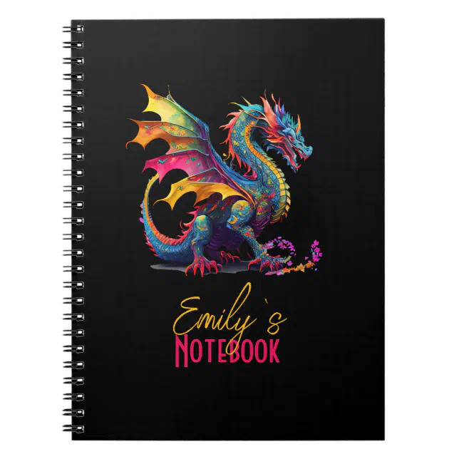 Custom Name Watercolor Colorful Dragons  Notebook (Front)
