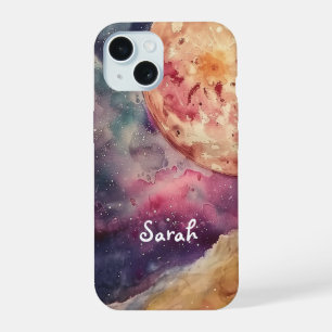 Custom Name Watercolor Cosmic Galaxy & Moon iPhone 15 Case