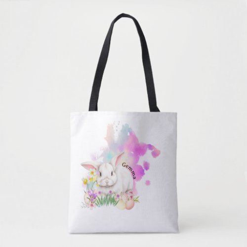 Custom Name Watercolor Easter Eggs Bunny Tote Bag