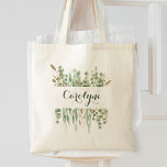 Custom Name Watercolor Eucalyptus Greenery Pretty Tote Bag<br><div class="desc">Lovely green hand painted watercolor eucalyptus greenery illustration with faux gold glitter accents. Easily personalize with your custom name or any text.</div>